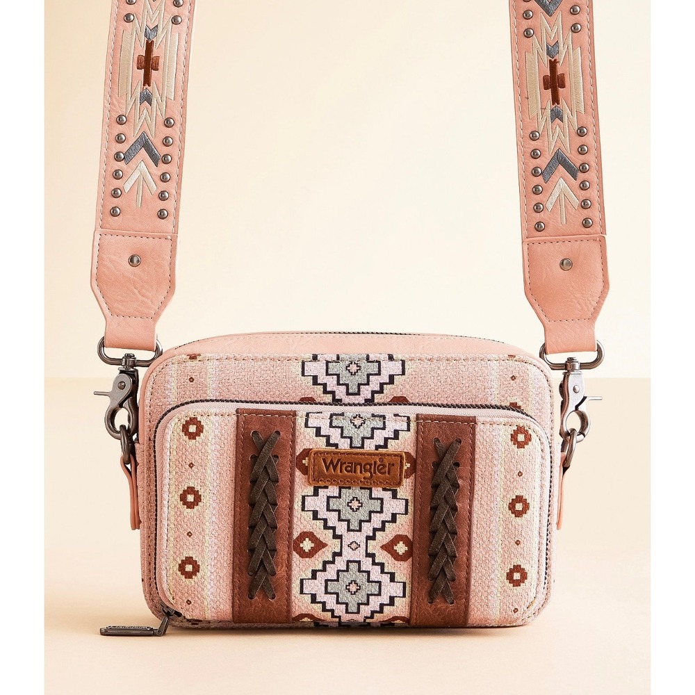 Wrangler Crossbody Bag Women  Pink Aztec Canvas PU Leather Western Organizer New - Picture 2 of 8